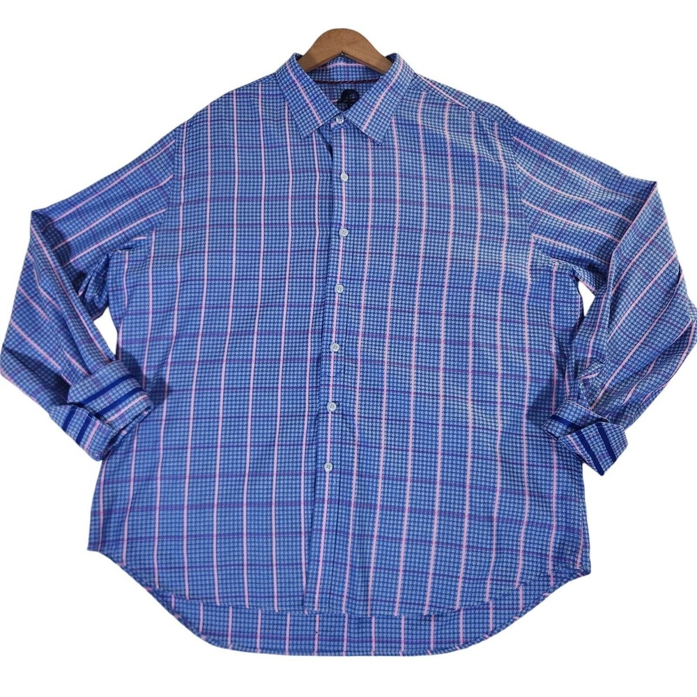Robert‎ Graham Shirt Men's 2XL Blue Striped Flip Cuffs Button Up Houndstooth